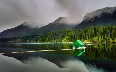 Floating Cabin - clouds, trees, water, cabin, splendor, landscape, forest, reflection, canada, nature, lake, mountains, peaceful, sky, woods