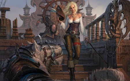 Pirate girl - woman, ship, game, girl, monster, creature, fantasy, pirate