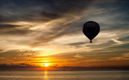 Sunset - water, summer, balloon, landscape, sea, ocean, orange, black, sunset, cloud, sky