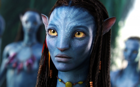 Neytiri - yellow eyes, blue, neytiri, girl, creature, avatar, fantasy, james cameron, woman, movie, zoe saldana