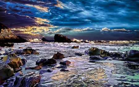 rocky cove hdr - clouds, cove, shore, sunset, hdr, sea, rocks