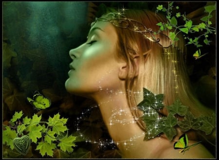 BEAUTIFUL ELF - FACE, GREENERY, LOCKET, ELF, FEMALE, BUTTERFLIES