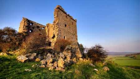 ruins on a hill - hill, sky, ruins, rocks