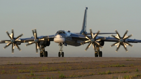 scary russian tupolev tu95 bear bomber - runway, bomber, plane, props, military