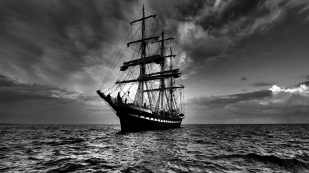 sailing ship at sea in black and white - masts, sky, black and white, sea, sail ship