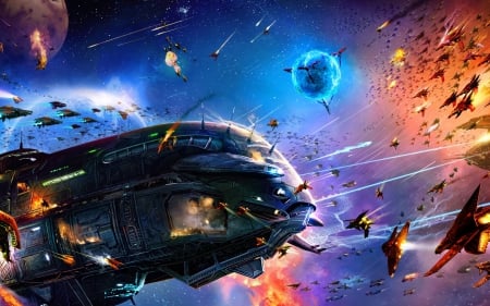 Space Battle - colours, spaceship, battle, fantasy