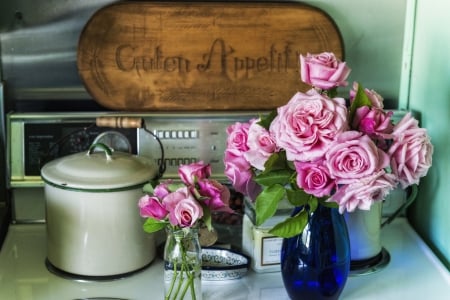 Still life - flowers, pan, vase, roses, pink roses, table, bouquet, still life