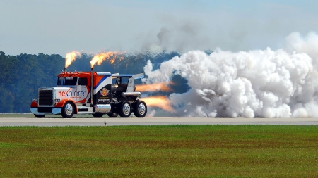 the amazing jet truck shockwave - runway, jet, truck, smoke, fire