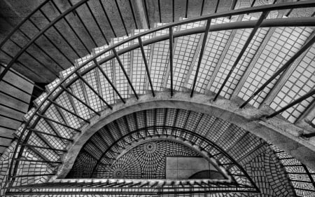 black and white tiled staircase - black and white, stairs, rails, tiles