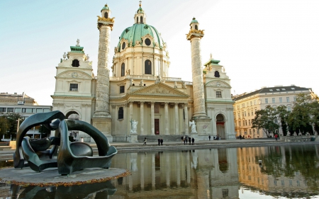 lovely st. charles church in vienna austria - pond, city, church, sculpture, dome