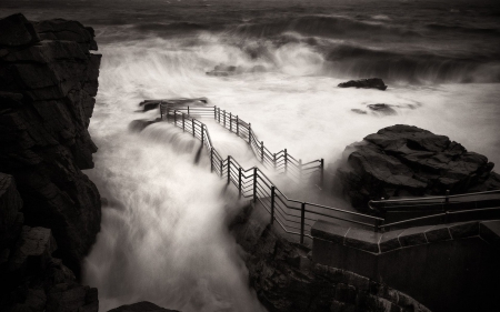 stormy sea in black and white - overlook, shore, stormy, sea, waves, rocks