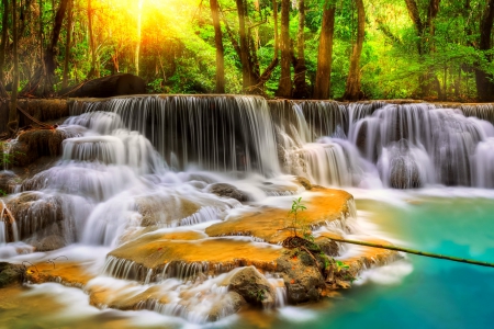 Waterfall - Thailand - waterfall, rays of the sun, forest, tree, stones