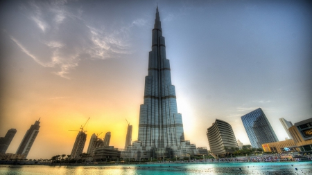 superb view of burj khalifa in dubai hdr - view, skyscrapers, waterfaront, city, sunset, hdr