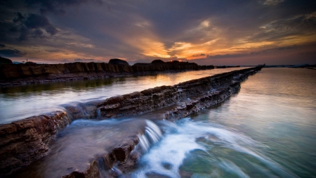 stepped rocky shore - steps, sunset, shore, sea, rocks