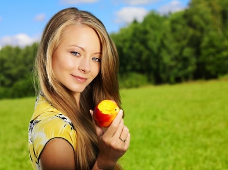 blonde girl - beauty, smile, outdoor, apple