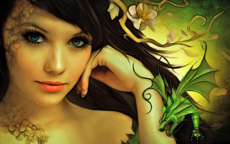 Nature - Woman, Girl, Nature, Dragon, Fantasy