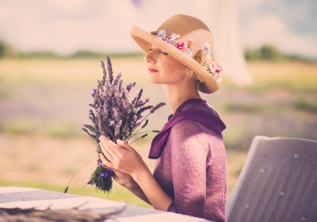 Bouquet of lavander - hat, girl, profile, blond, bouquet, chair, purple color, perfume, flowers, flower, lavender