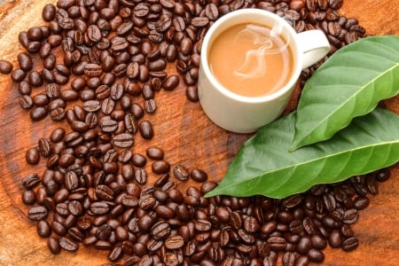 Coffee Time - foam, coffee, coffee beans, mug, table, sweet moment, leaves