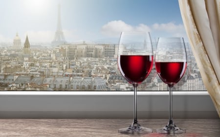 Beautiful Sill - glasses, curtains, eiffel tower, paris, wine, sill, window, clouds, red, city