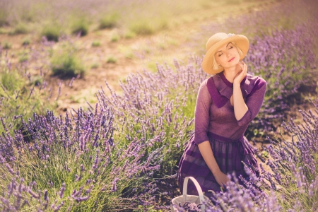 In a field of lavender - scented air, blond, profile, hat, flowers, lavender, purple colors, girl