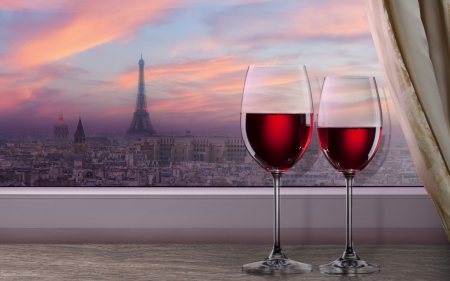 Red wine glasses - Paris, Eiffel Tower, windowsill, window, evening, city, curtain, wine, red wine glasses