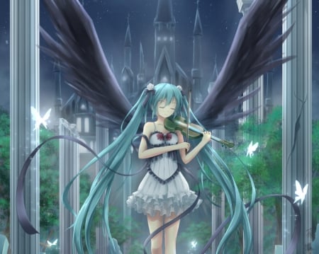 Requiem Noir - nice, beauty, female, angel, music, anime girl, miku hatsune, pretty, anime, miku, hatsune miku, instruments, girl, long hair, lovely, viola, vocaloids, hatsune, vocaloid, beautiful, violin, green hair