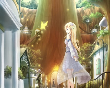 Enchanted Land - nice, beauty, female, magic, anime girl, pretty, anime, house, scene, maiden, building, scenic, girl, long hair, lovely, hd, glow, kawaii, butterfly, beautiful, scenery, sweet