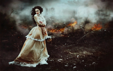 Forest fire - fire, forest, woman, smoke