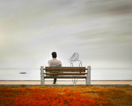 Memories - bench, drawing, man, sky