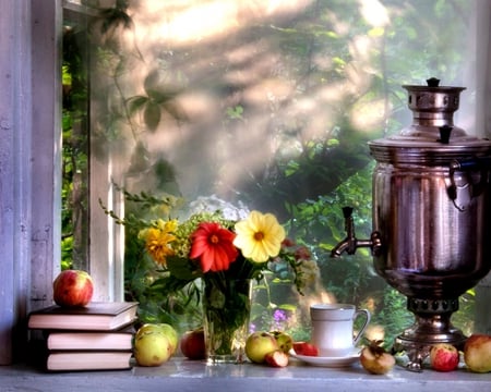 Still life - flowers, fruits, still life, book