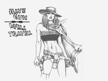 Bounty Hunter - women, fun, bounty hunter, female, guns, hats, girls, cowgirls, drawing, art, westerns