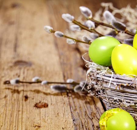 Easter Time - wood, eggs, willow twig, easter, decoration, spring