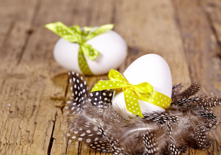 Easter Time - easter, lovely, spring, wood, eggs, bow, feather, cute, decoration