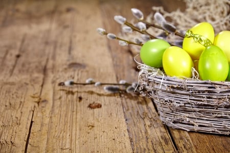 Easter Time - eggs, easter, basket, willow twig, decoration, wood, spring