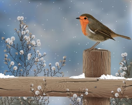 Winter Bird - moon, fence, animals, winter, garland, bird, christmas, pretty, cold, frost, snow, digital, sweet, flowers, cute, chipmunk