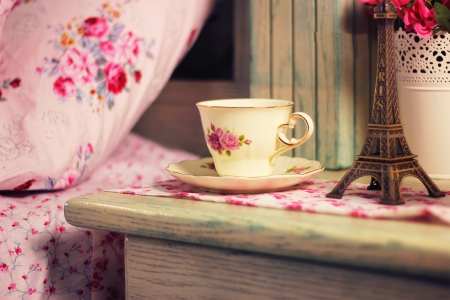 Drink - drink, coffee, eiffel tower, cups, tea, bouquet, cup, home, france, pink, drinks