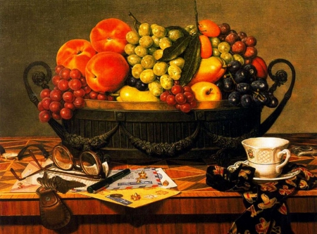 Still Life - peaches, table, basket, grapes, fruit, cup