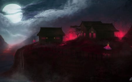 Fantasy night - moon, sky, night, black, fantasy, cloud, umbrella, pink, red, house