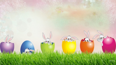 Bunny N Eggs - eggs, rabbit, whimsical, cute, spring, grass, Easter, bunny