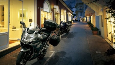 two suzuki gsx 1259fa - shops, alley, night, lights, motorcycles