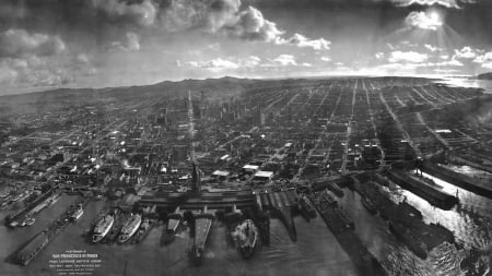 vintage aerial view of san farncisco waterfront - view, arial, vintage, city, black and white, waterfront