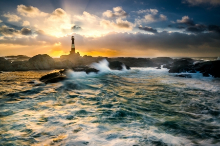 Lighthouse - lighthouse, ocean, sky, clouds, splendor, ocean waves, sunset, sea, nature, waves