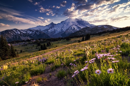 Landscape - mountains, landscape, flowers, spring, sky, clouds, splendor, sunset, nature, spring time, sunrise