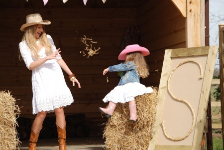 Cowgirl's Party - girls, women, fun, farm, models, hay, female, cowgirls, boots, hats, outdoors, western, children, pretty, ranch, barns