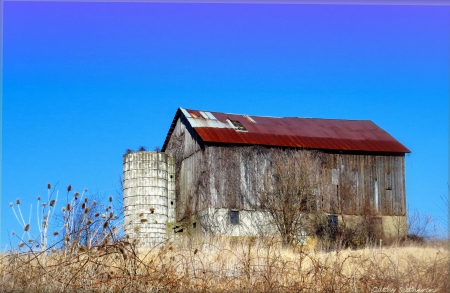 Country Barn on the Hill and Rust on the Roof - spring, architecture, rusty roof, silo, nature, barn, field, color, country, farm