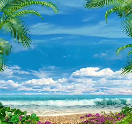 Tropical Paradise - ocean, beach, sky, tropics, paradise, palms, wave, coast, blue, flowers, sea, sand