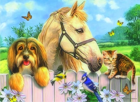 â˜…Best Friends in Springtimeâ˜… - best friends, animals, spring, horses, puppies and kittens, digital art, dogs, family, paintings, grass, birds, butterflies, love, fence, warmth, lawn, love four seasons, weird things people wear, cats, seasons, friendship, butterfly designs, beloved valentines, farms, drawings, lovely flowers