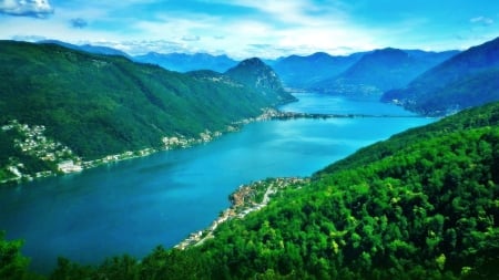 Summer At Lugano Lake - blue, beautiful, forest, Lugano city, green, Switzerland, Italy, mountains, glacial