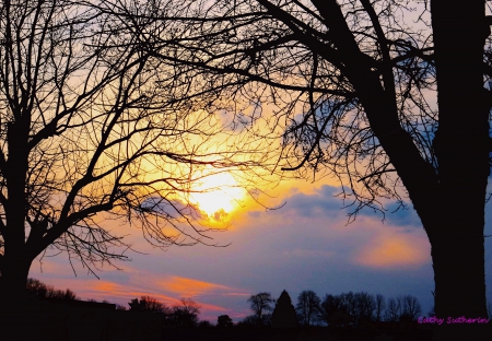 Caught My Breath - clouds, trees, blue, sunrise, spring, sunset, nature, sun, sky