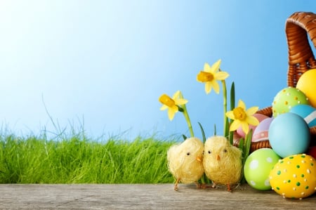 Cute Easter - eggs, flowers, easter, basket, spring, grass, springer, daffodils